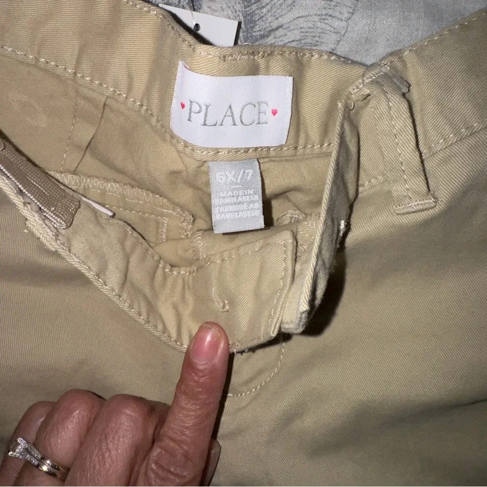 2- Childrens Place Chino Shorts. Size 6X/7. Girls Uniform Khaki Tan. Set of 2.